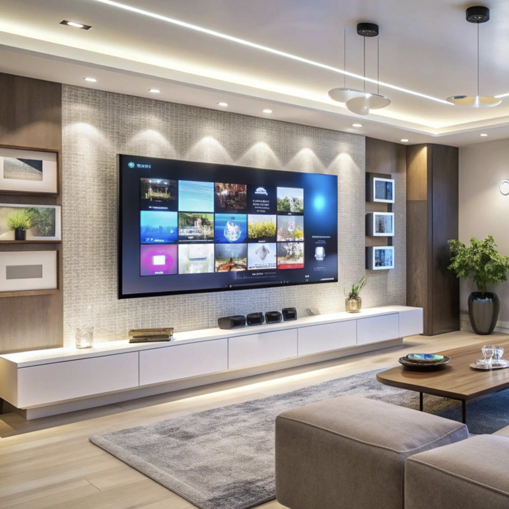 Custom media wall with a mounted television, fireplace, and integrated shelving.