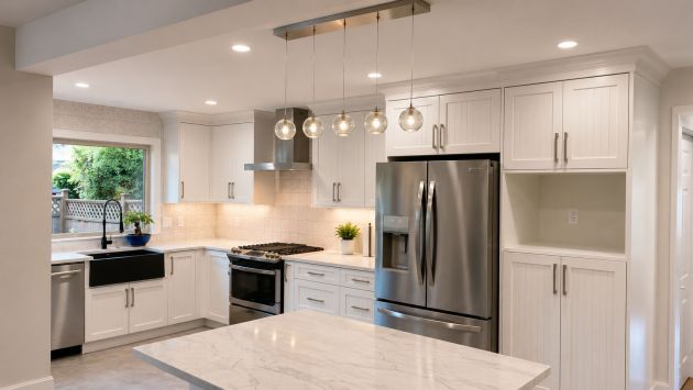 Finished white shaker kitchen renovation by Crestalon.