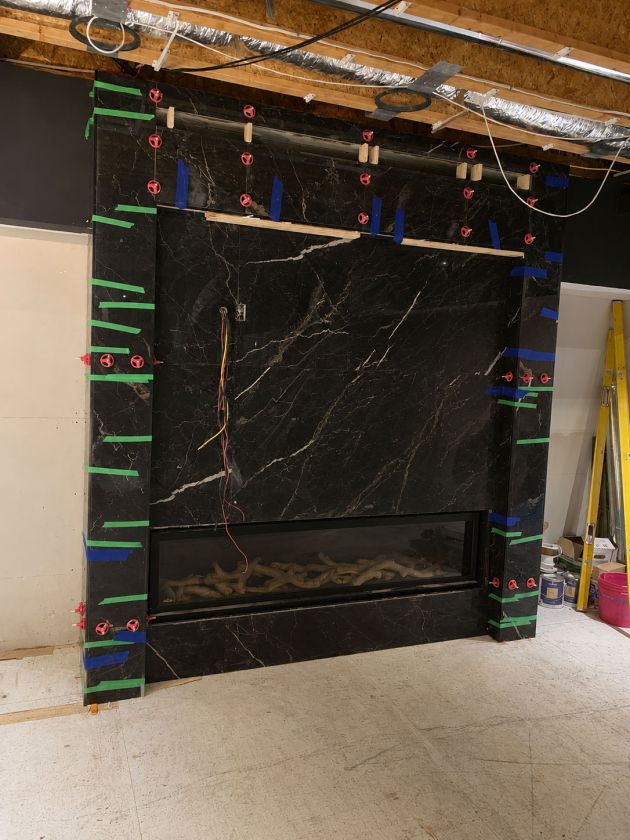 Black stone fireplace