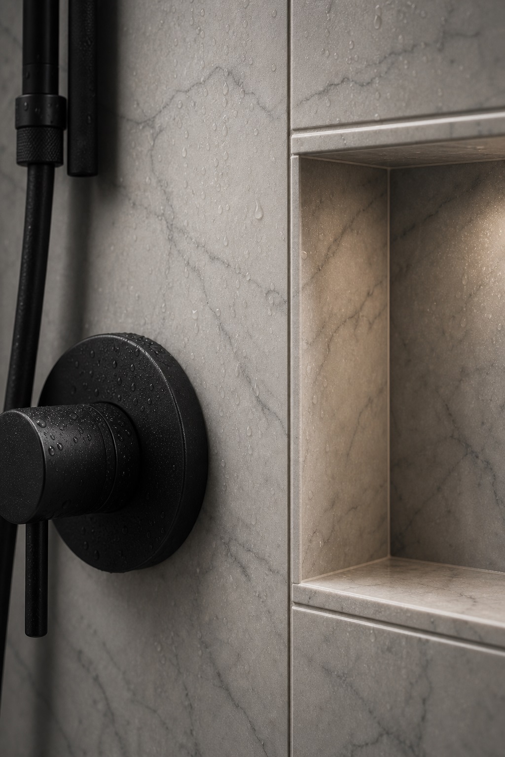Close-up of large-format marble tile meeting a recessed shower niche with clean grout lines and a matte-black fixture