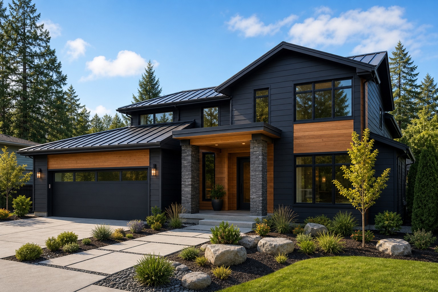 Modern West Coast home exterior with dark fiber-cement siding, cedar accents, a metal roof and a landscaped yard