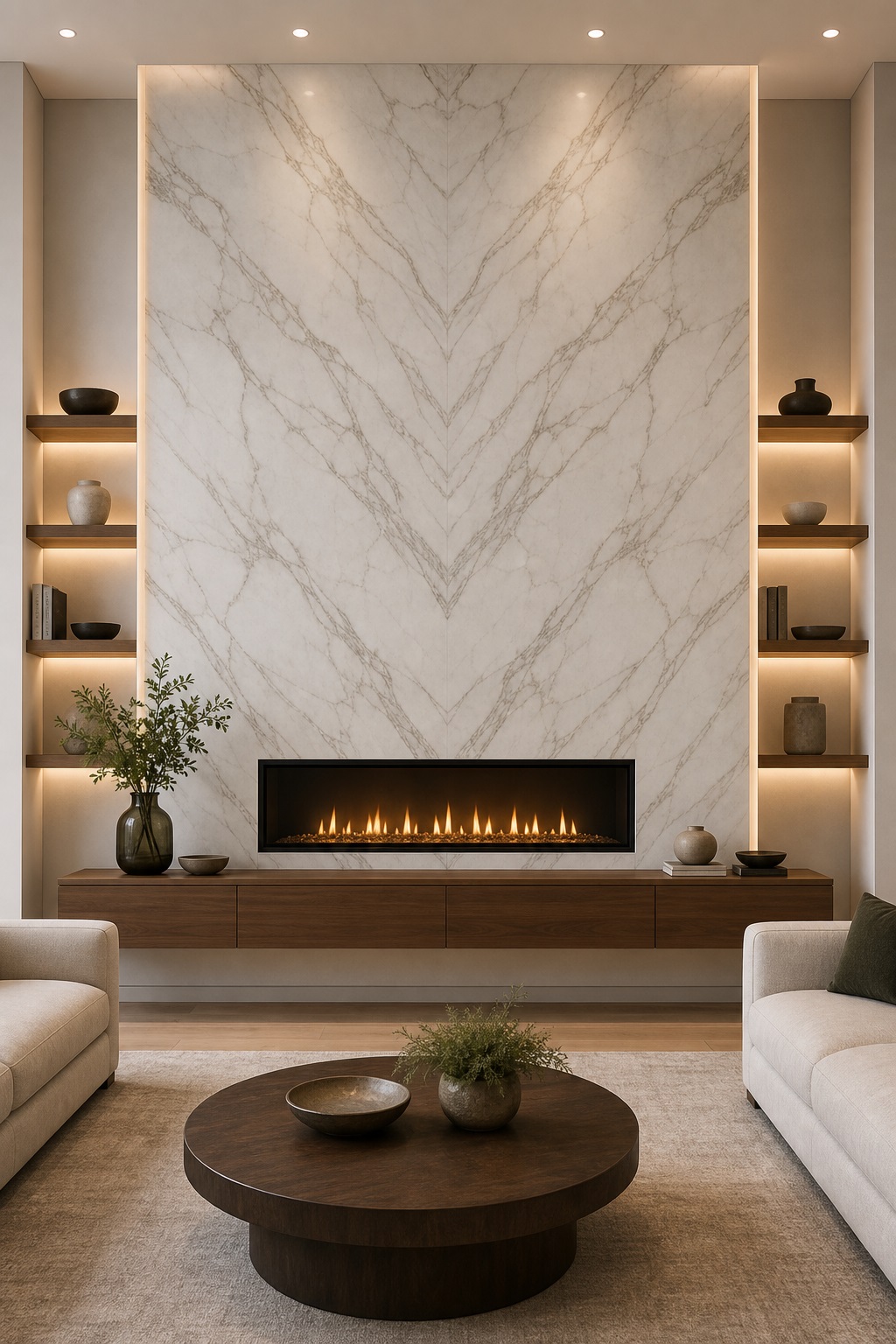 Book-matched Calacatta marble fireplace feature wall with a linear gas fireplace