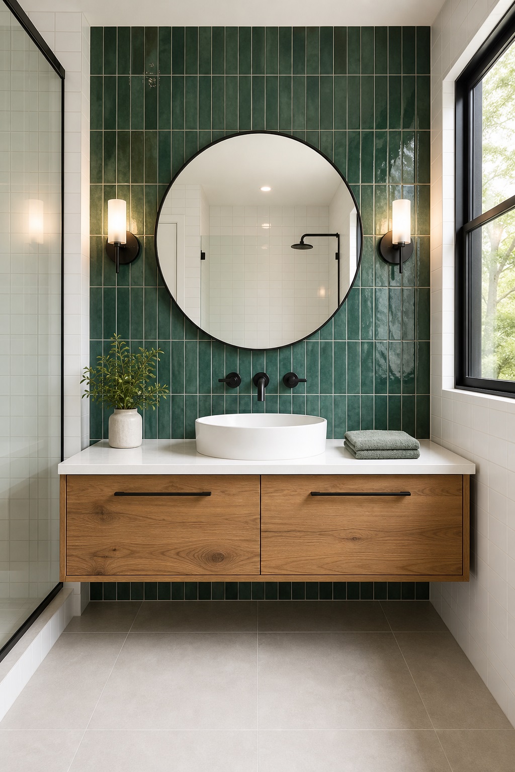 Modern bathroom with emerald green zellige feature wall, floating wood vanity and matte-black fixtures