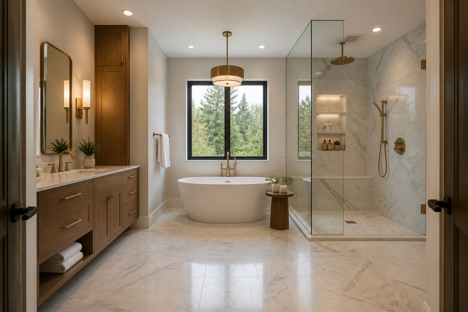 Finished modern bathroom with a walk-in glass shower, freestanding tub, warm wood vanity and brass fixtures