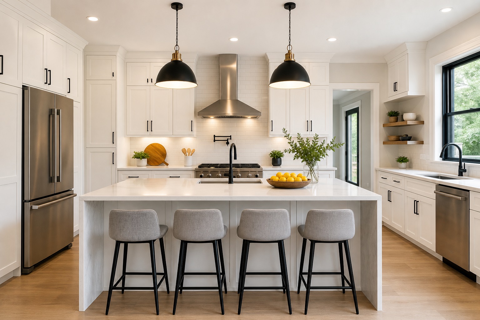 White shaker kitchen with a quartz waterfall island, matte-black hardware and subway-tile backsplash
