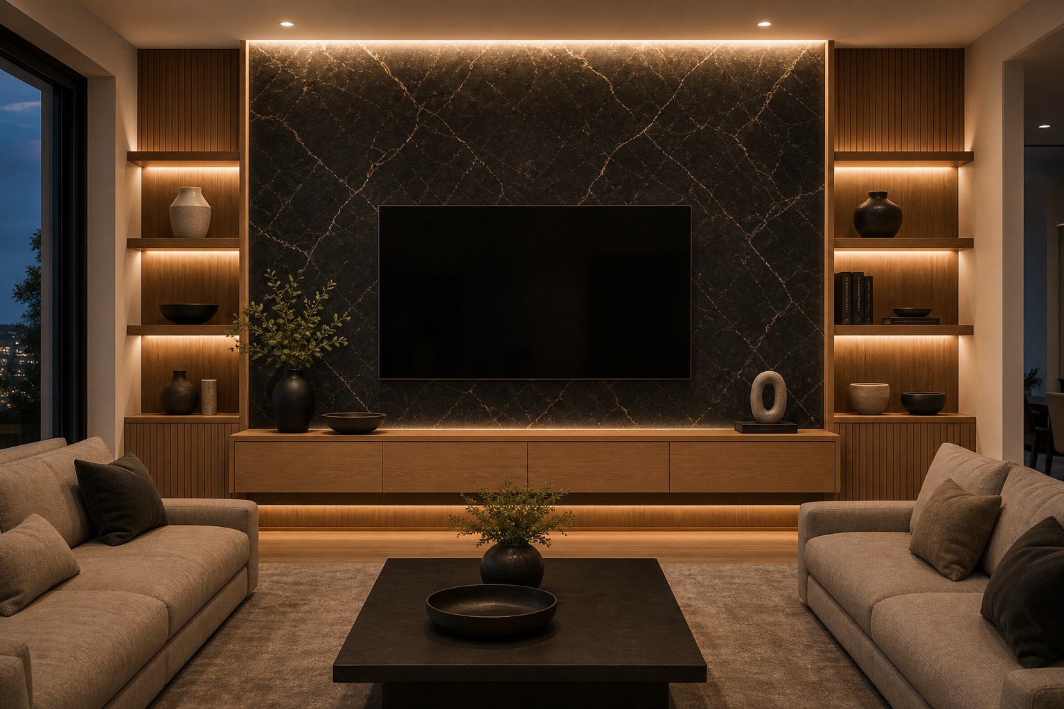 Black marble media feature wall with a floating oak console and integrated LED backlighting