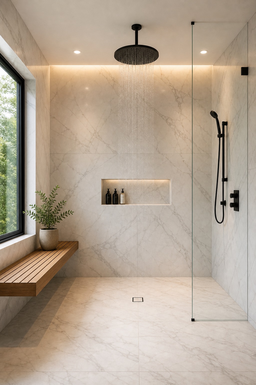 Walk-in wet room with large-format marble tile, a glass panel, a teak bench and a matte-black rainfall showerhead